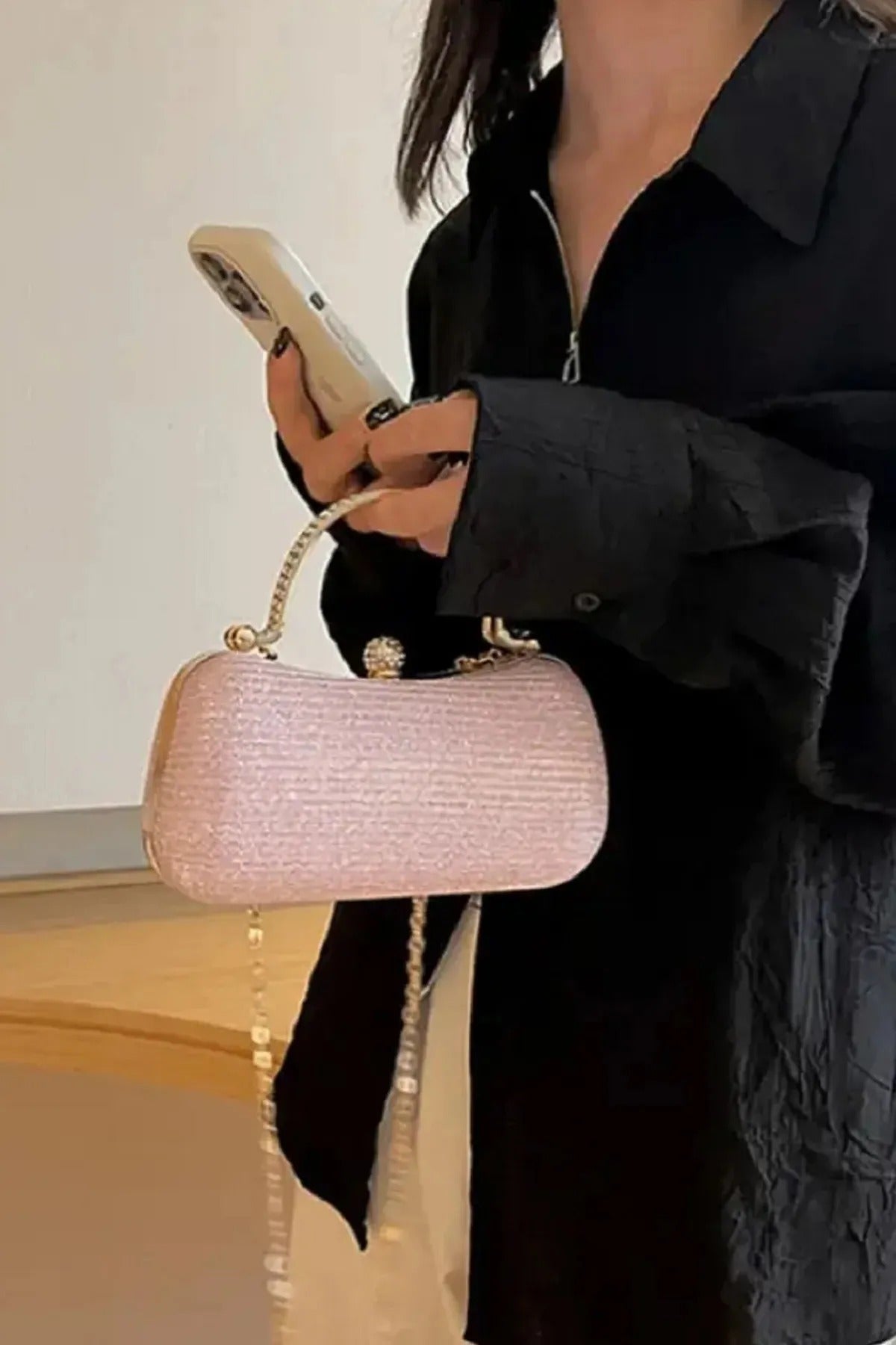 Kadın Zirkon Taşlı Simli Pembe Abiye Çanta