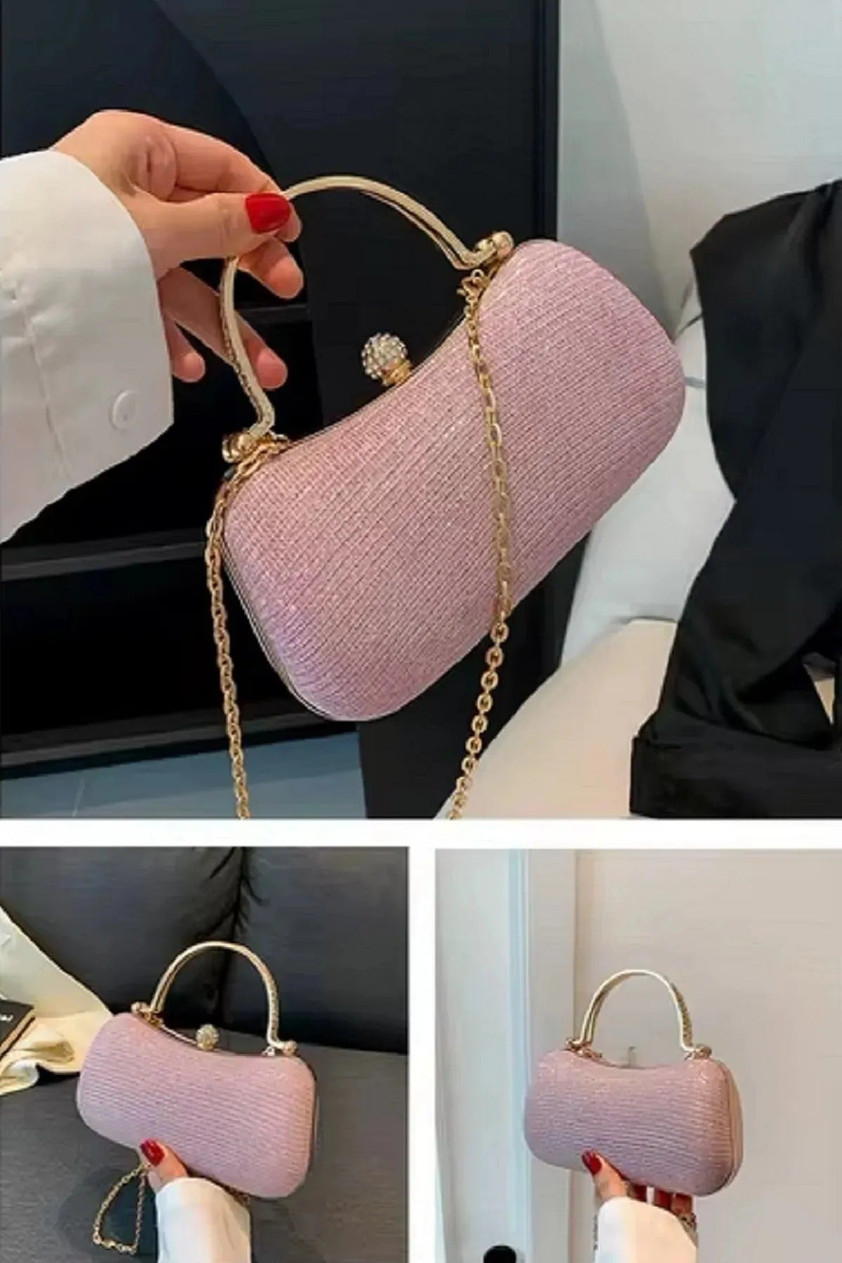 Kadın Zirkon Taşlı Simli Pembe Abiye Çanta