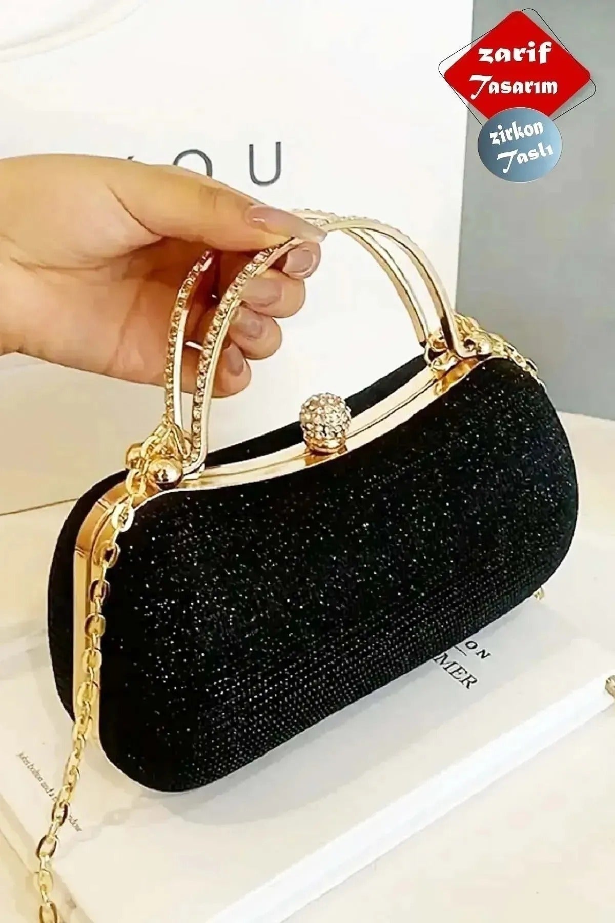 Kadın Zirkon Taşlı Simli Siyah Abiye Çanta