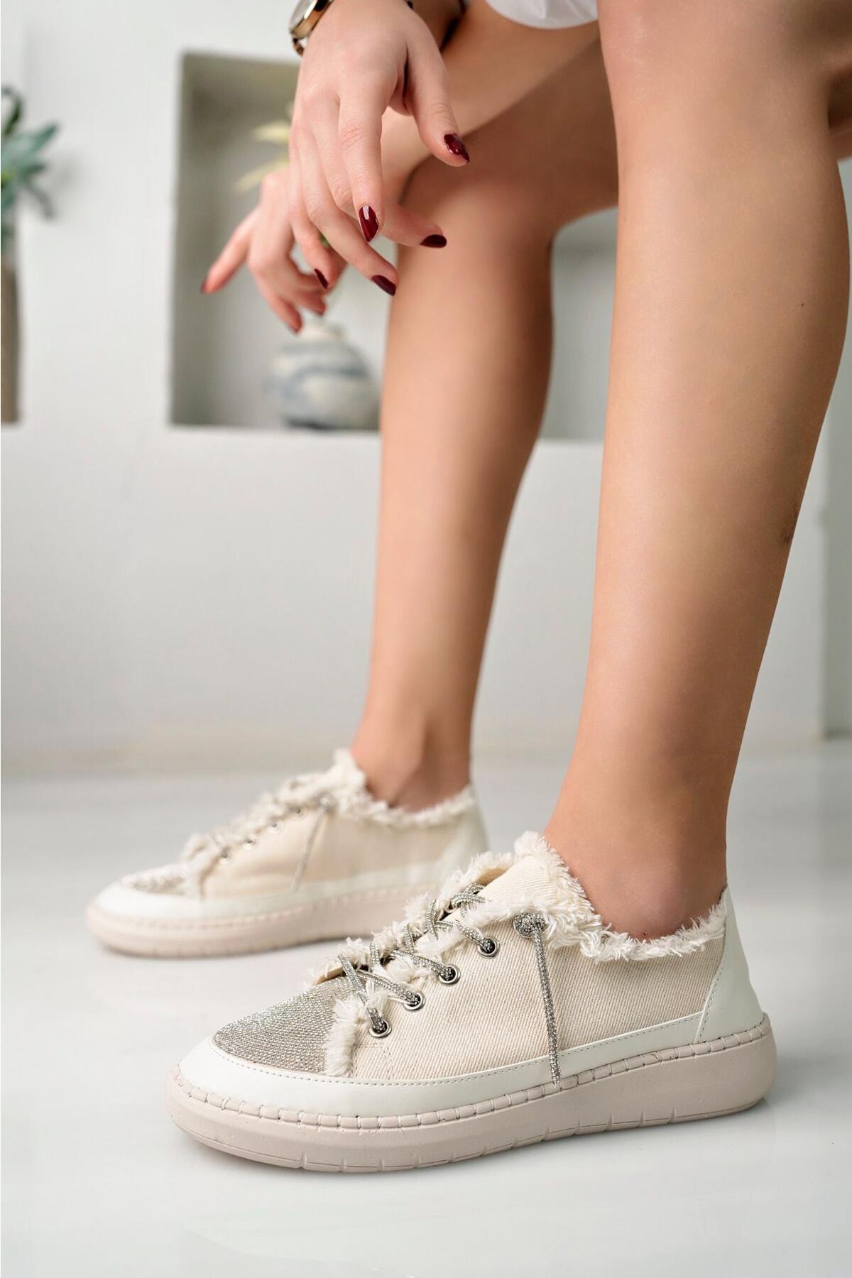 Taşlı Kadın Kot Bej Sneakers LV-001