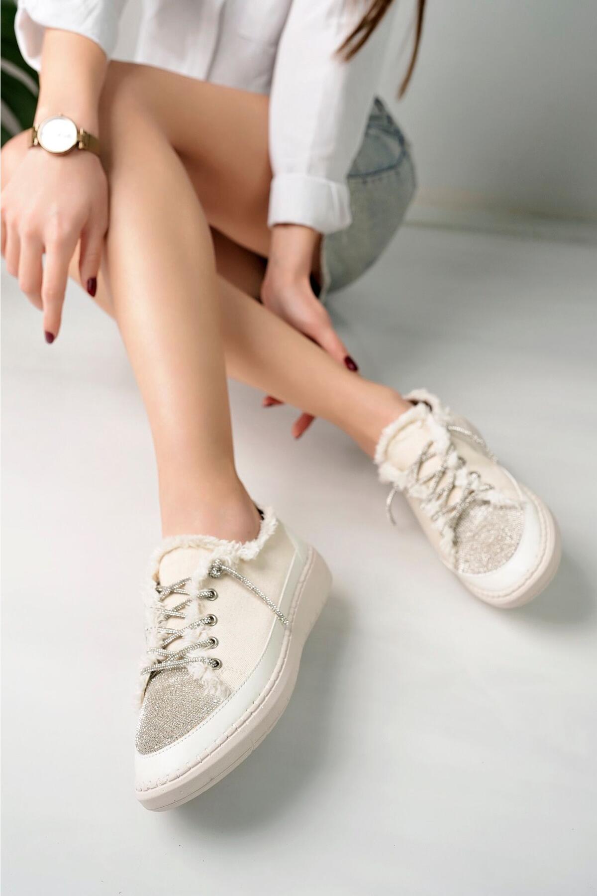 Taşlı Kadın Kot Bej Sneakers LV-001