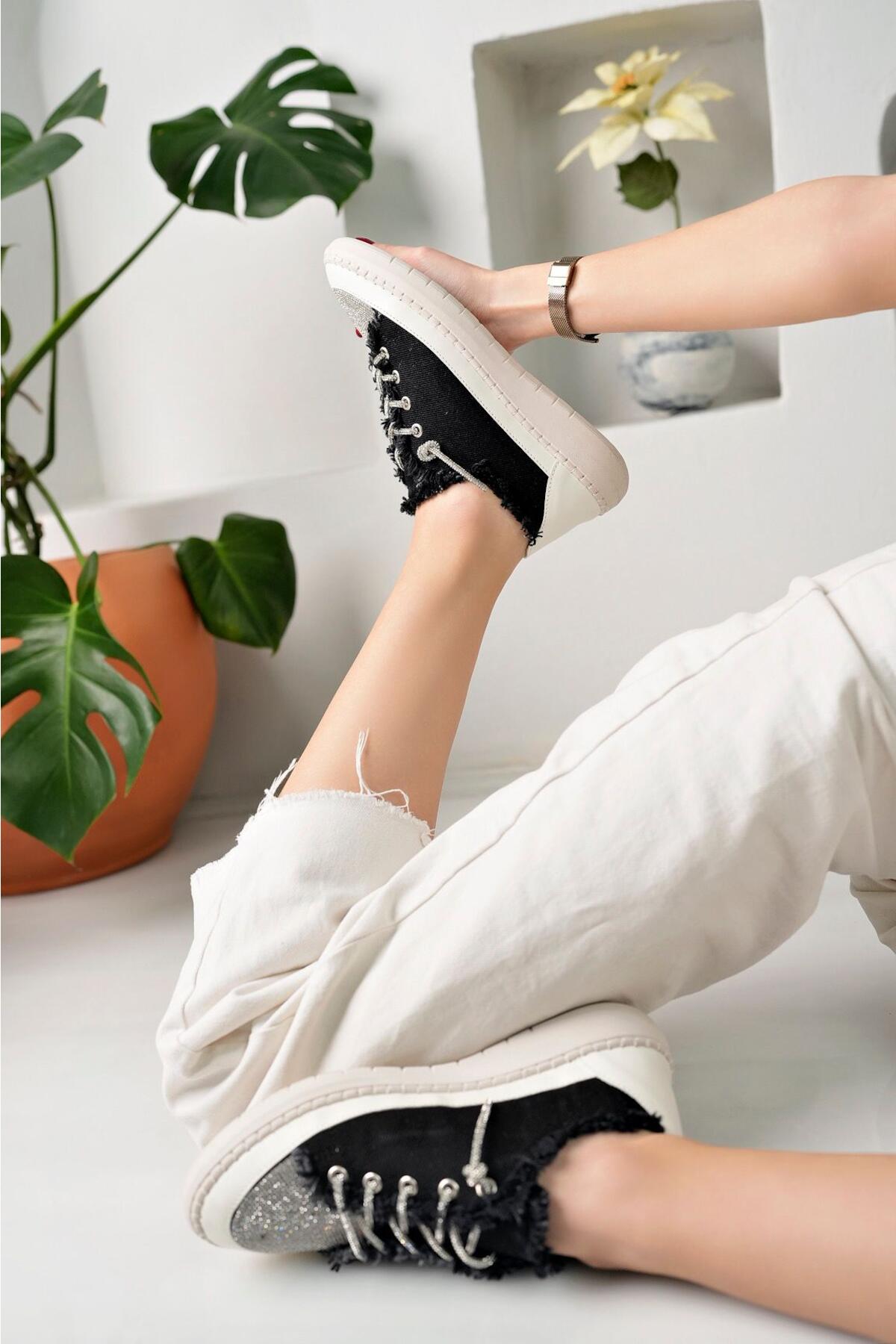 Taşlı Kadın Kot Siyah Sneakers LV-001