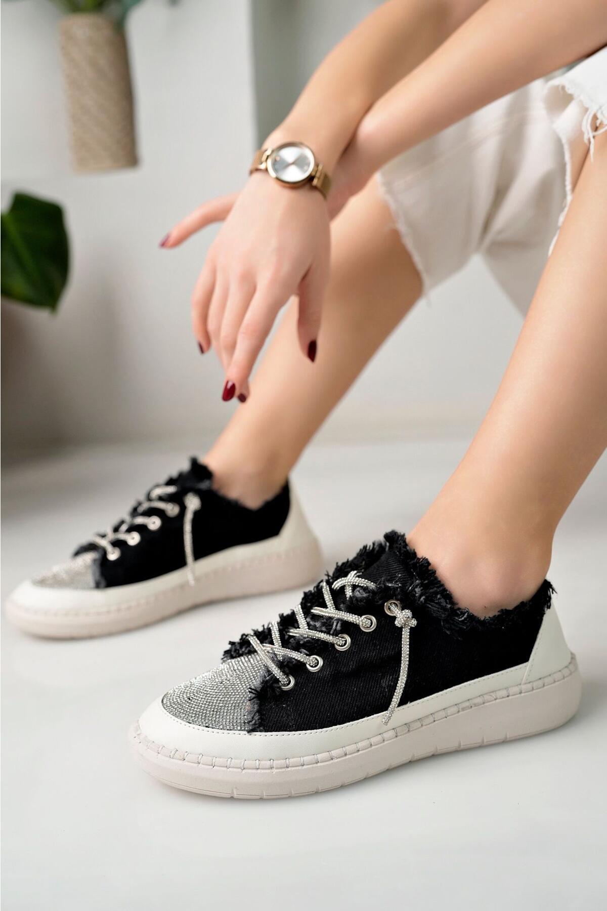 Taşlı Kadın Kot Siyah Sneakers LV-001