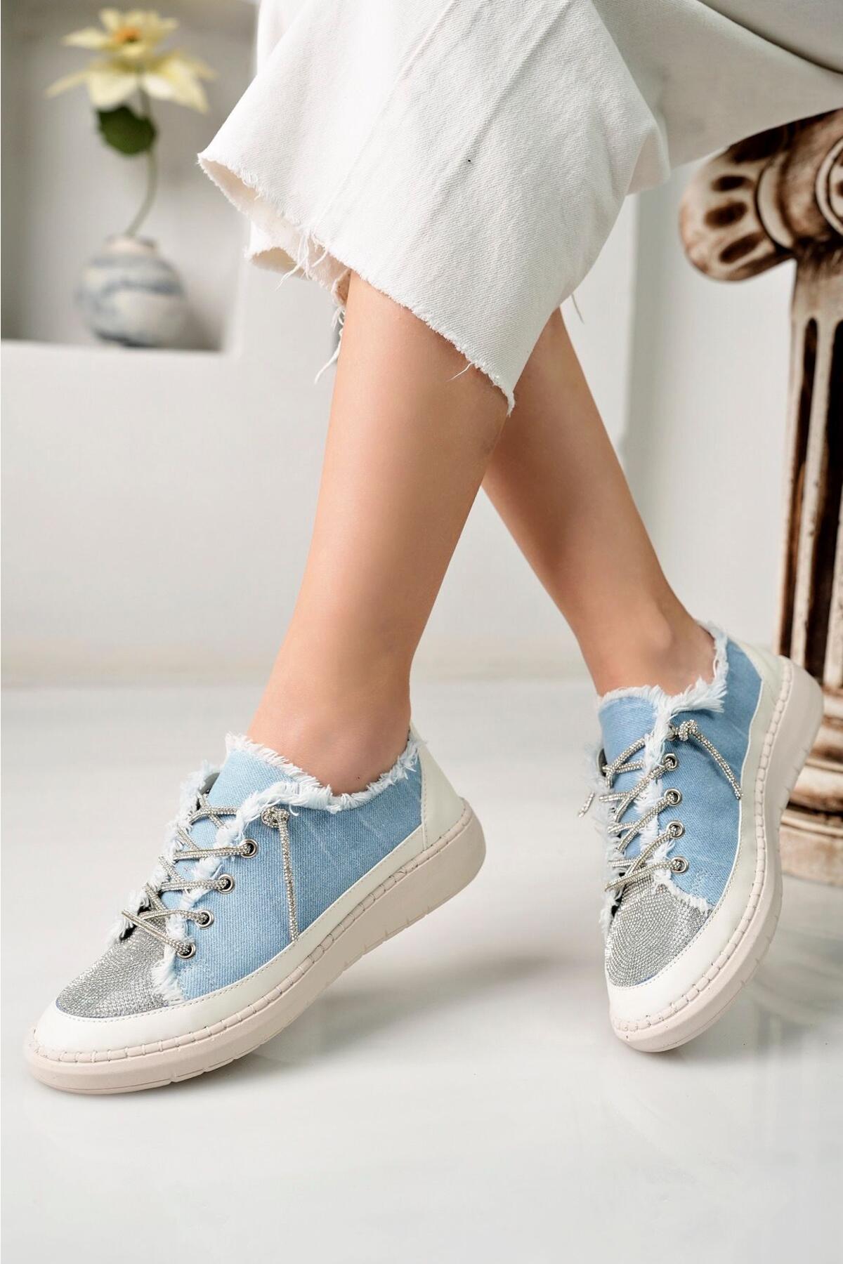 Taşlı Kadın Kot Mavi Sneakers LV-001