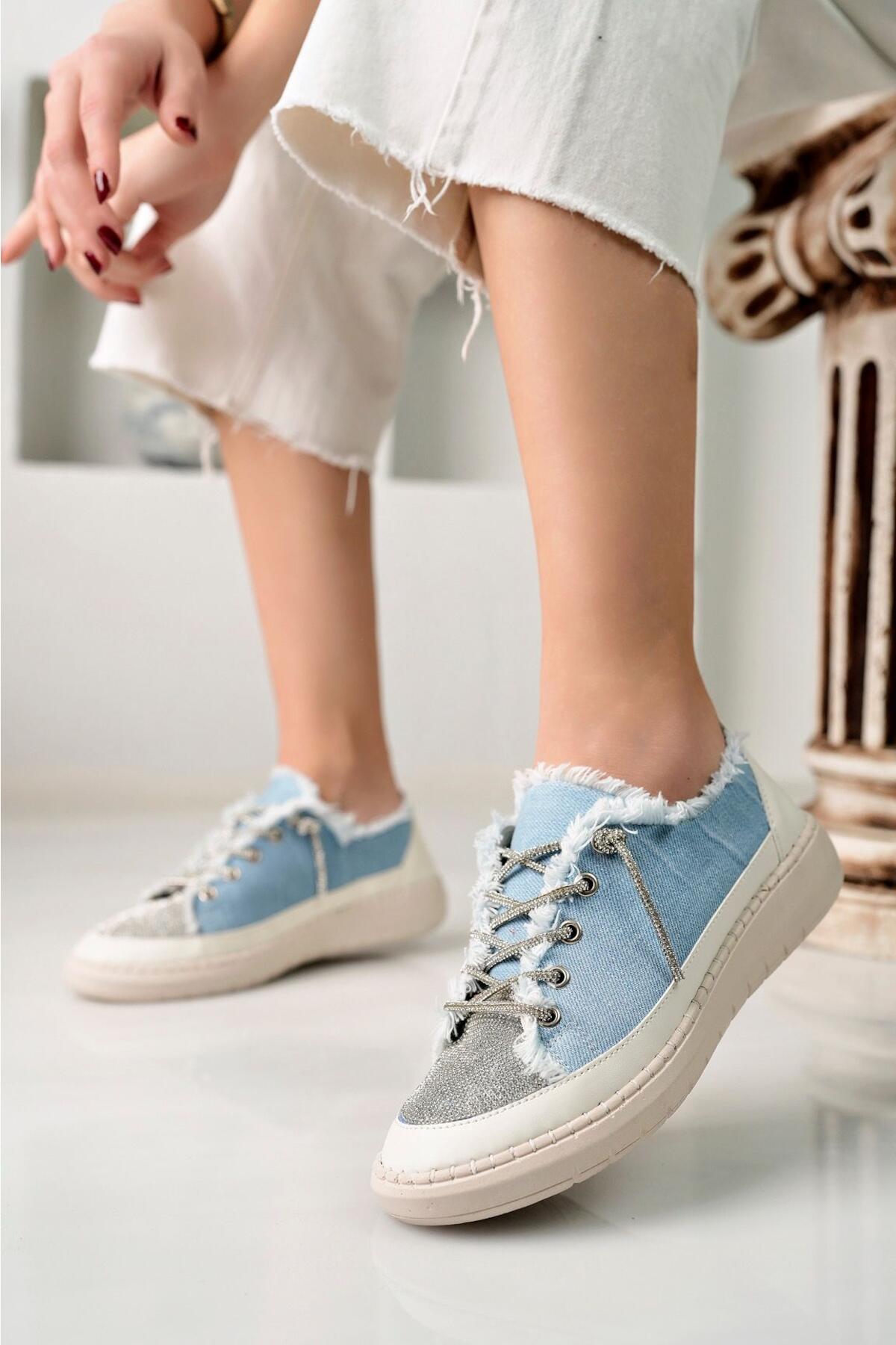 Taşlı Kadın Kot Mavi Sneakers LV-001