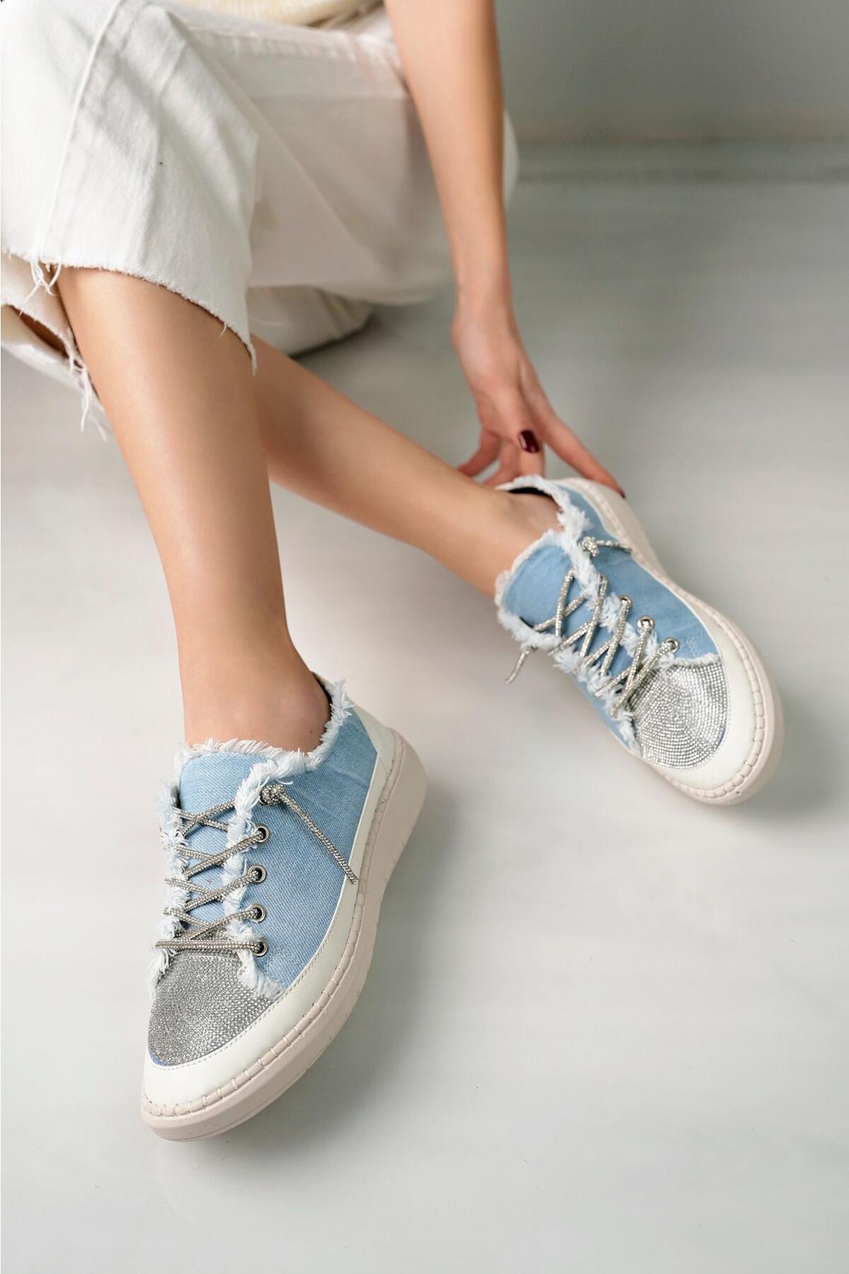 Taşlı Kadın Kot Mavi Sneakers LV-001