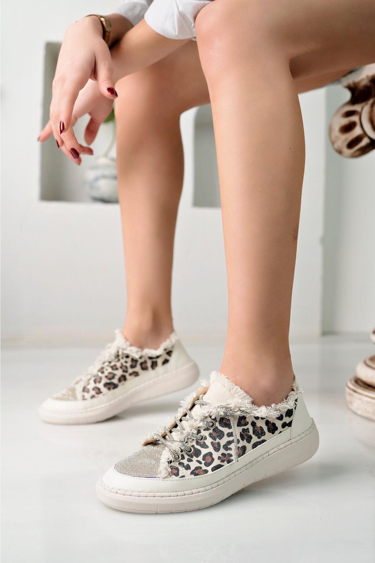 Taşlı Kadın Kot Leopar Sneakers LV-001