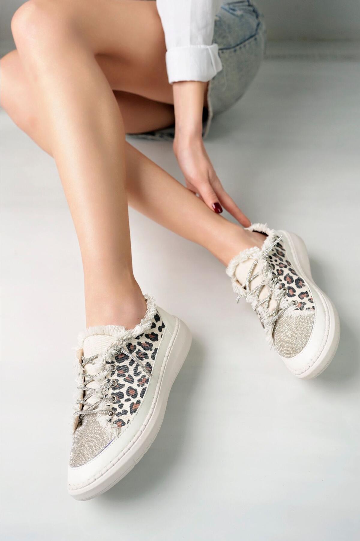 Taşlı Kadın Kot Leopar Sneakers LV-001