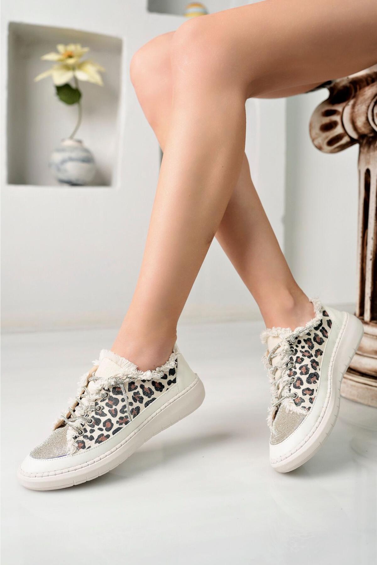 Taşlı Kadın Kot Leopar Sneakers LV-001