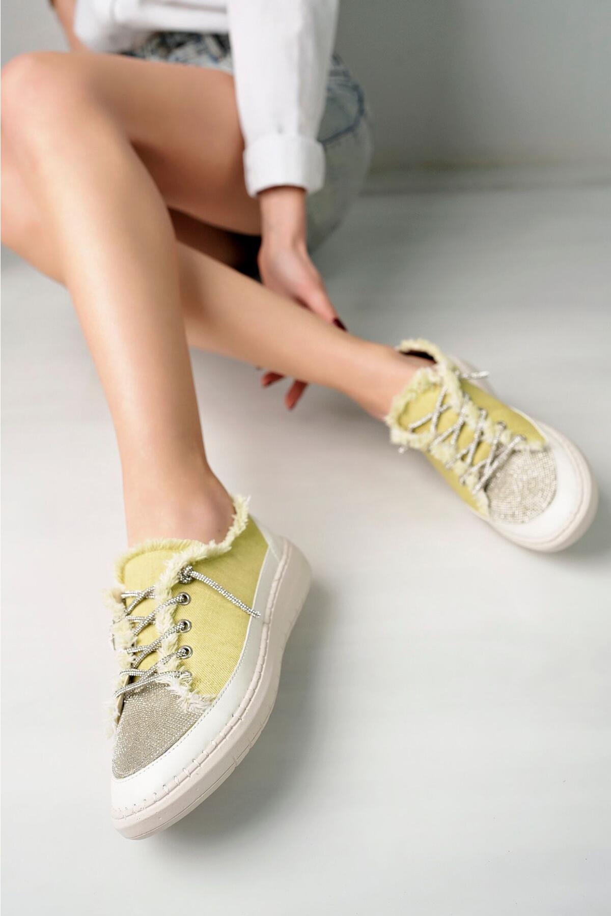 Taşlı Kadın Kot Sarı Sneakers LV-001