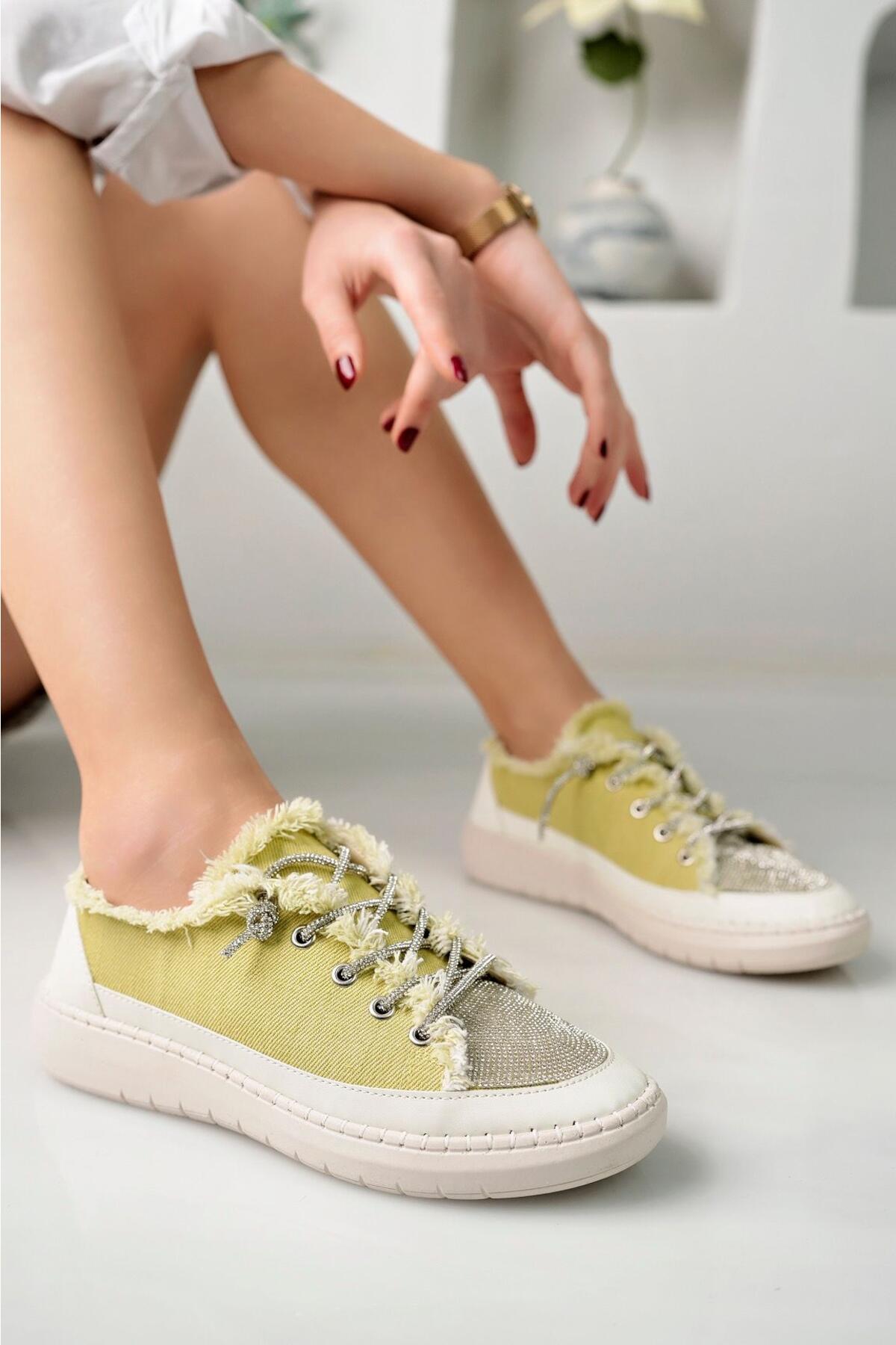 Taşlı Kadın Kot Sarı Sneakers LV-001