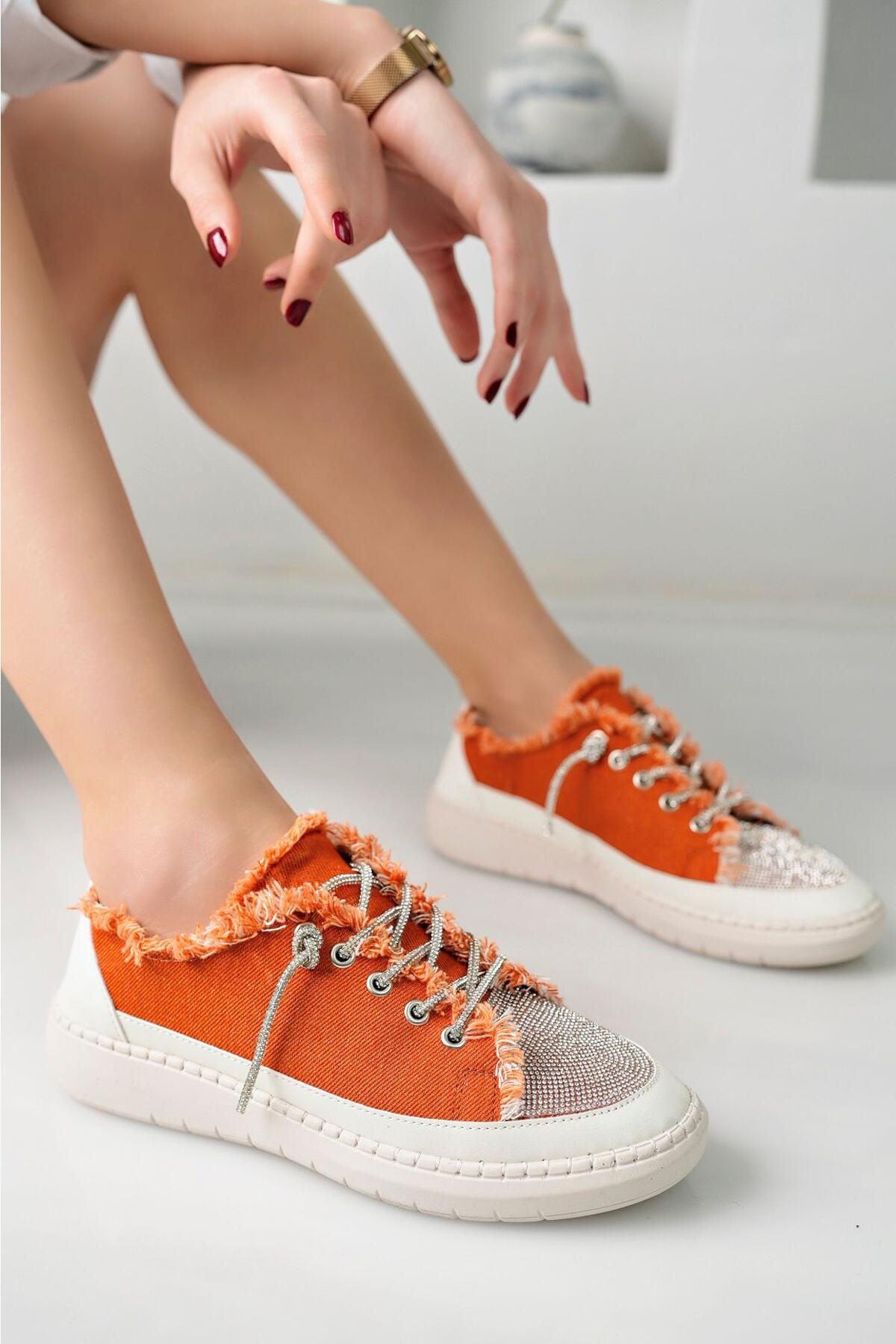 Taşlı Kadın Kot Turuncu Sneakers LV-001