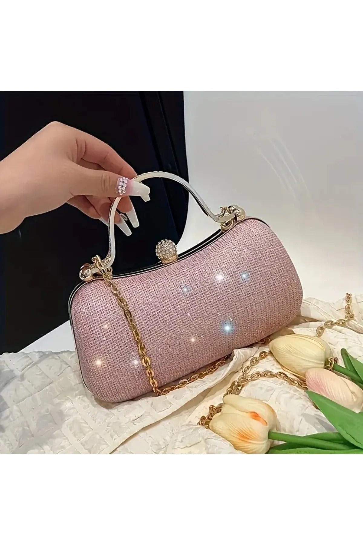 Kadın Zirkon Taşlı Simli Pembe Abiye Çanta